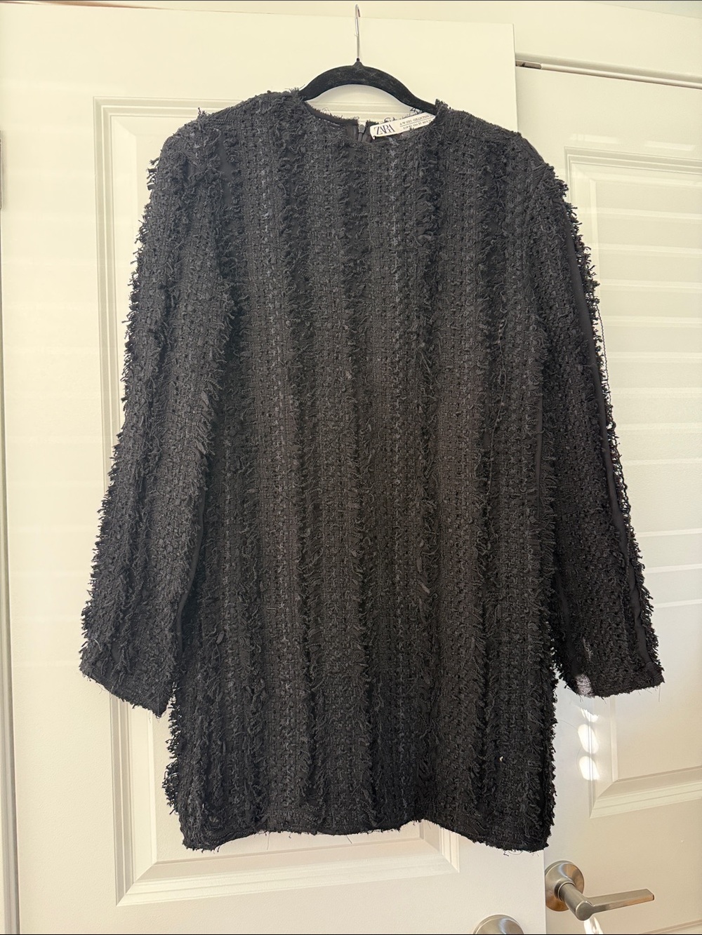 Zara Black Fringed Knit Long Sleeve Shift Dress